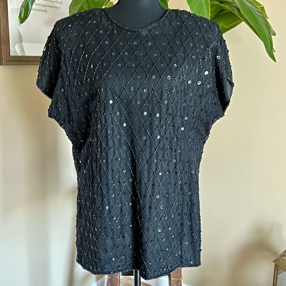 𝅺Vintage Frank Usher Black Silk and Sequin Top